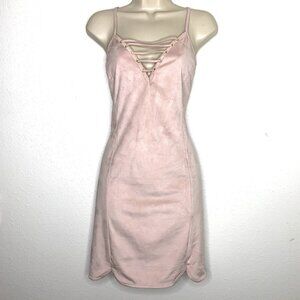 G by GUESS Pink Faux Suede LACE UP DRESS L Bodycon Y2K Boho Coquette Whimsigoth